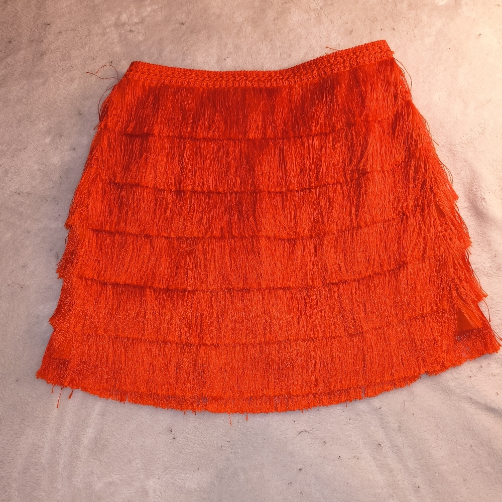 Missguided Fringe Tassel Red Orange Mini Skirt